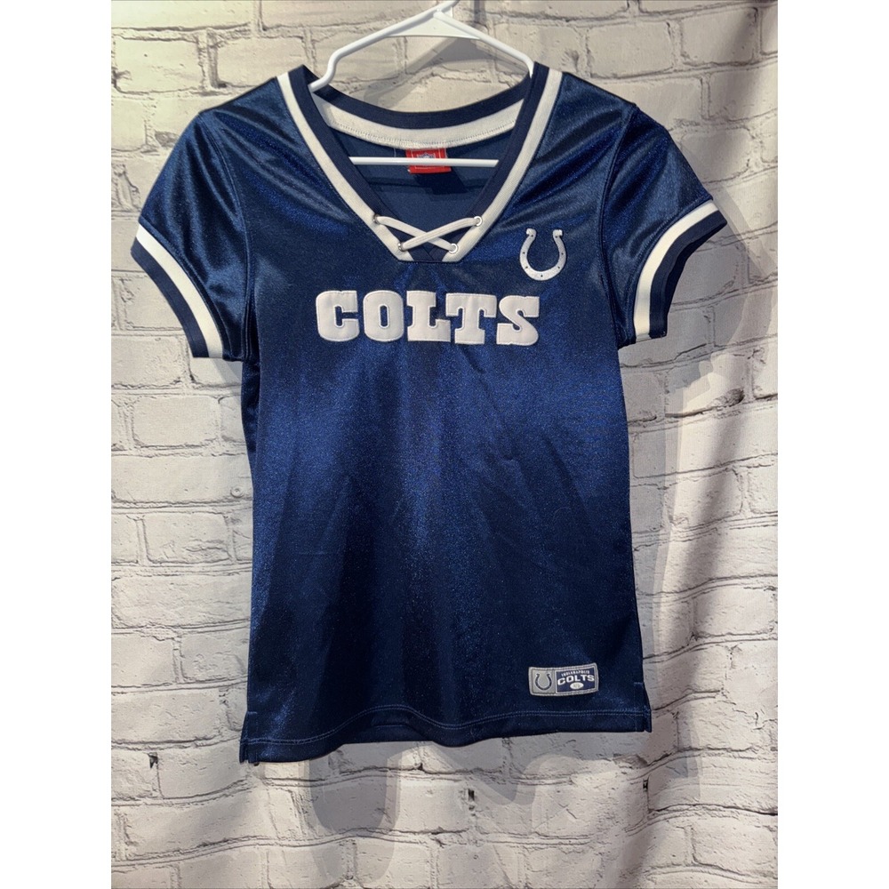 NFL Team Apparel Jersey Indianapolis Colts Women Med Blue Shirt Lace Up V-Neck